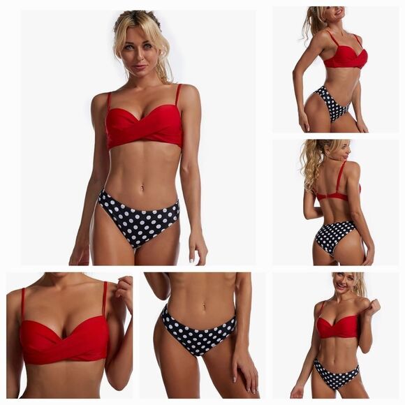 🔸️NIB Red & Black w/White Polka Dot Retro Style Bikini Bathing Suit Small - Picture 2 of 12